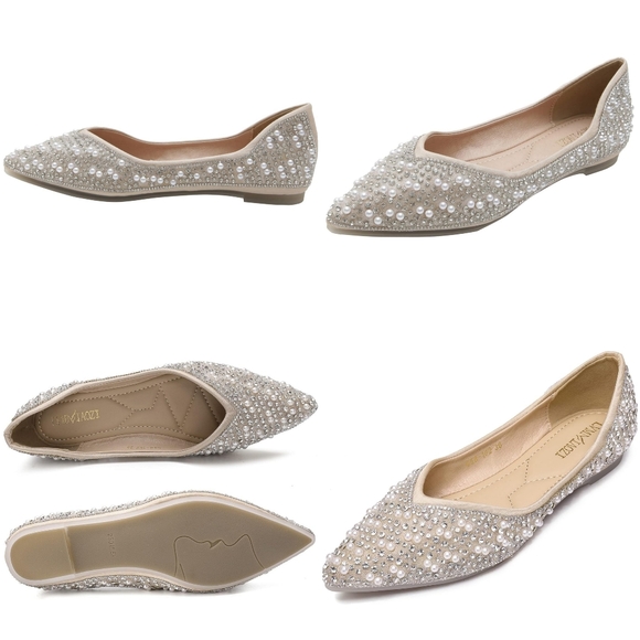 NIB Beige Rhinestone Pearl Jewels Gem Sparkly Pointed Party Flats Shoes 10.5 - Picture 5 of 17